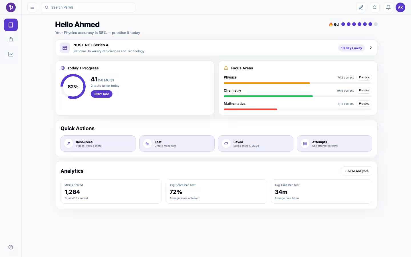 Parhlai dashboard showing test progress and focus areas